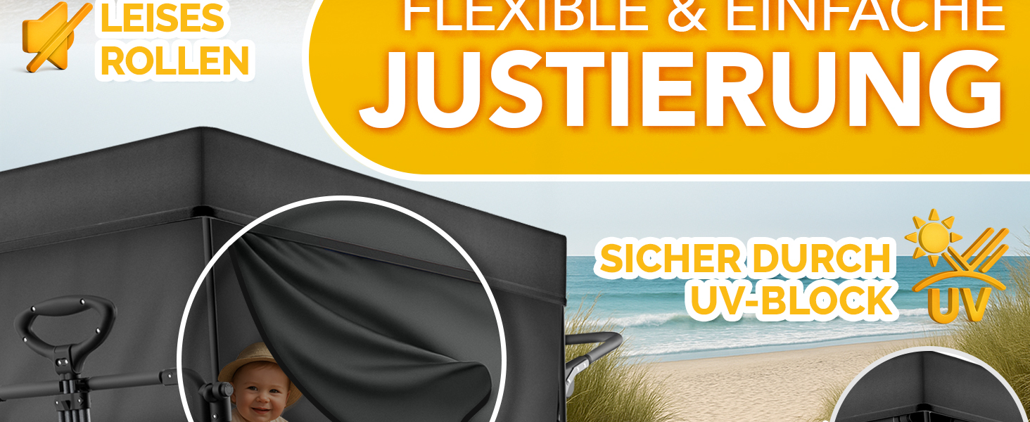 TRESKO® Вагончик-візок складний з дахом, кишеньою-холодильником та бічними шторками | Ручний візок, вантажопідйомність до 150 кг | Візок для перевезення з повного гумового покриття та гальмами (передні та задні) та 3-точкова система ременів безпеки (зелений)