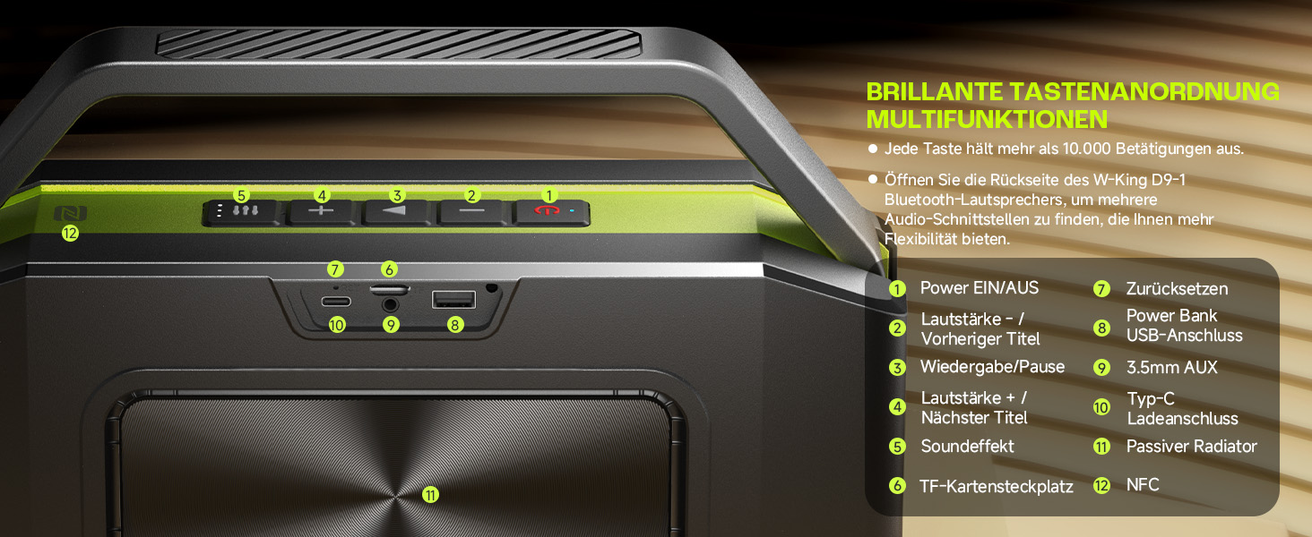 W-KING Bluetooth колонка 100W (60W) IPX6, портативна, глибокий бас, до 40 годин, TF/AUX/EQ, зелена
