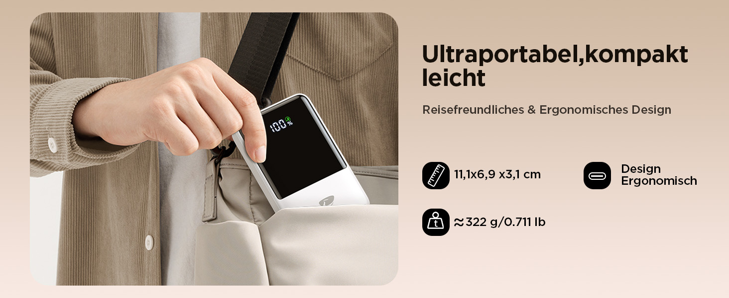 Power Bank 20000mAh з вбудованим кабелем, швидка зарядка 22,5W, USB-C, LED-дисплей, для iPhone 17 16 15 14 13 12 11, білий, 20000mAh