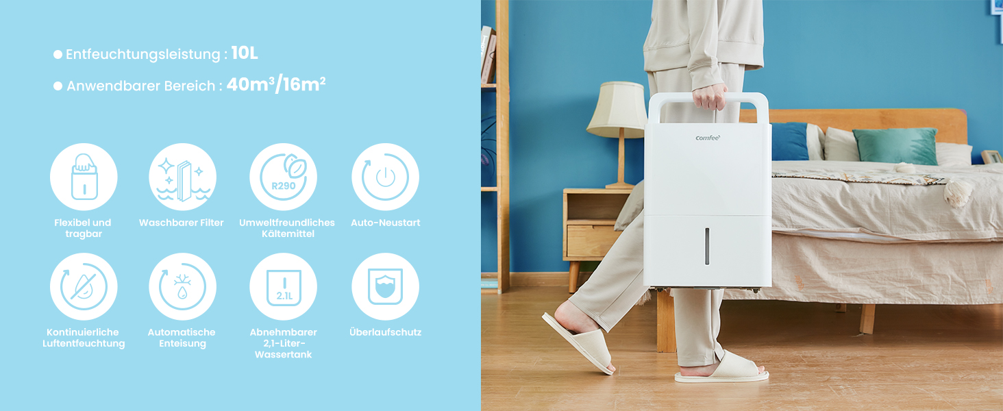 Осушувач повітря Comfee 10 л/24 год для приміщень до 40 м³, LED-дисплей, автоматичне осушення, проти вологи та плісняви, R290