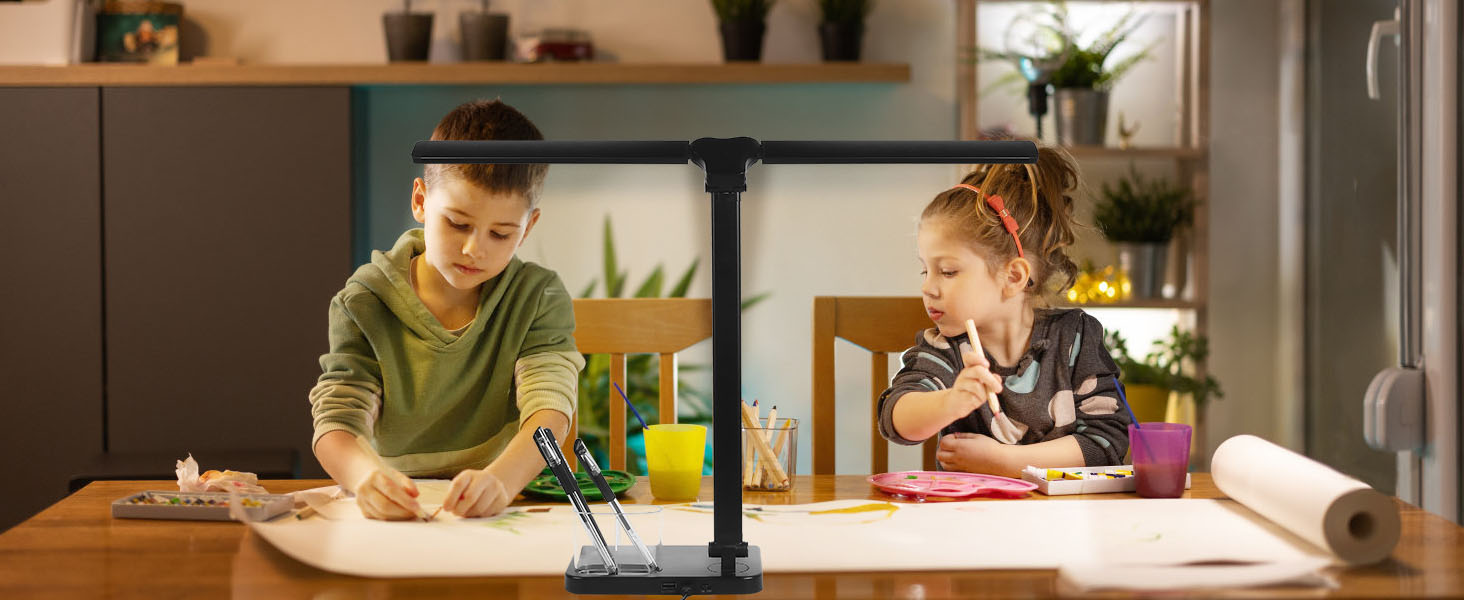 iVict LED лампа для столу з двома регульованими важелями, сенсорне керування, 5 режимів яскравості, таймер автовимкнення на 45 хвилин, USB-порт для зарядки, функція пам'яті, для дітей, білий (чорний)