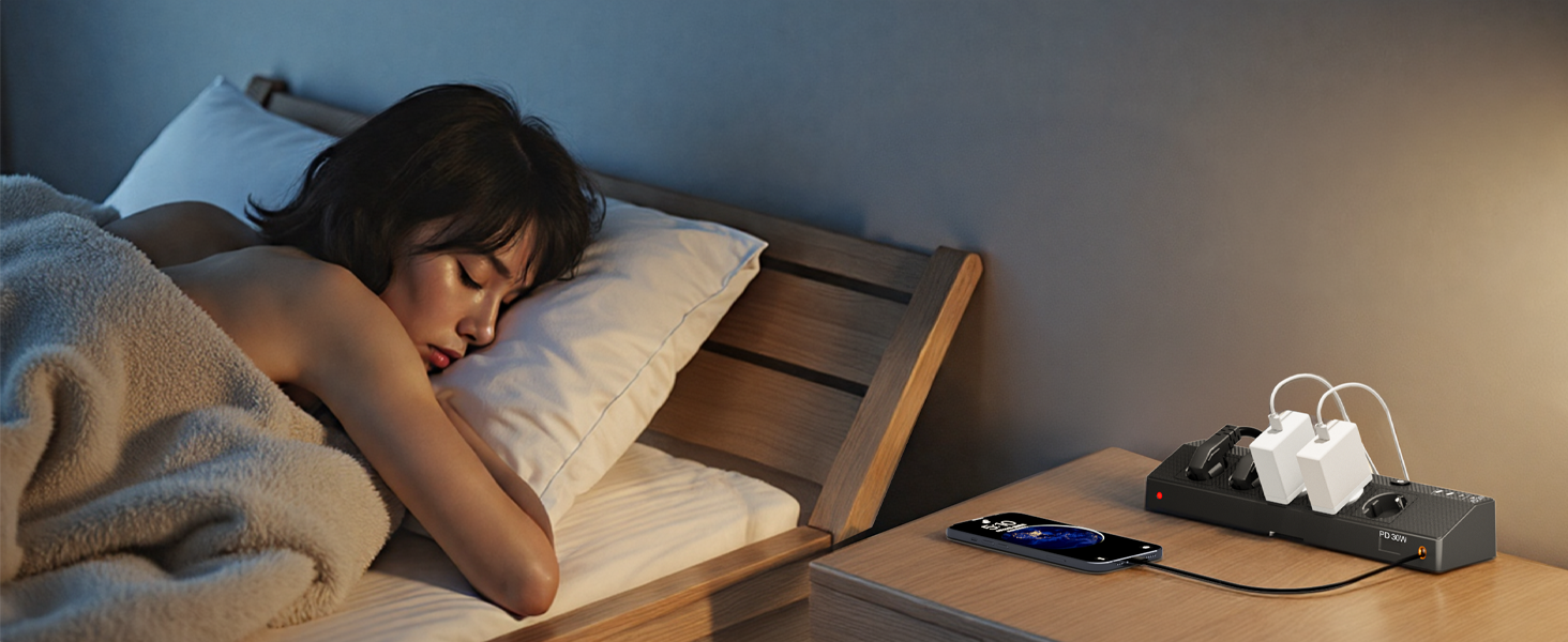 Мережевий адаптер PASSUS з 5 розетками, 2 USB-C (PD 30W), захист від перенапруги, індивідуальне вмикання, 10-в-1, з кабелем 2м, для офісу, чорний