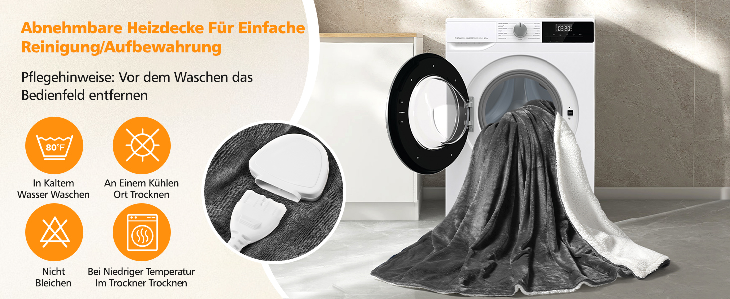 Електрична ковдра OneAmg з таймером та пультом, 155x180 см, 6 режимів нагріву, машинне прання, блакитна з кишенькою сірого кольору