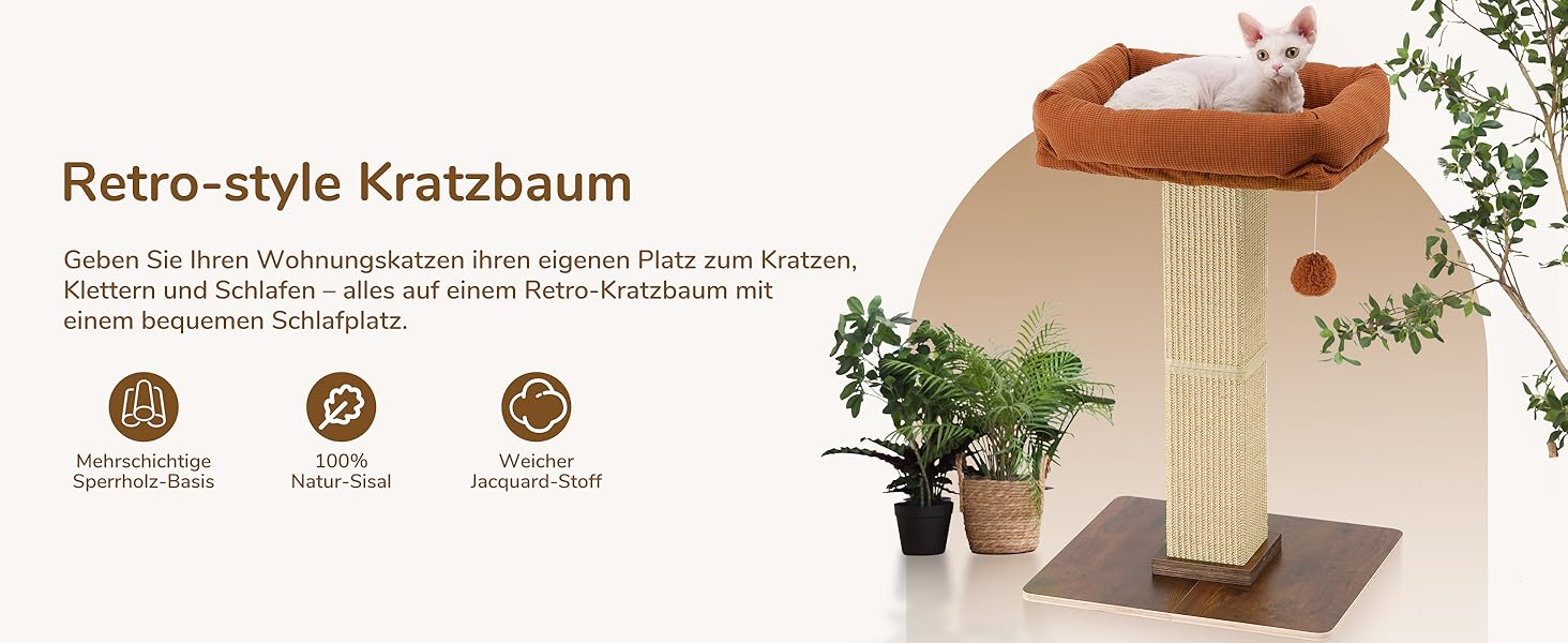 Дерево для котів FUKUMARU, 73 см, з платформою 46 x 36 см, ретро-стиль, з місцем для відпочинку, великий краш-тур з ліжком, з натурального сизалю та масивного дерева. XL