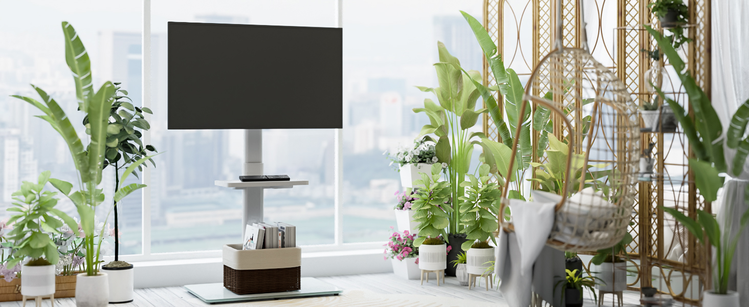 Adjustable TV Stand for 32-65 inch TVs - Swivel & Tilt, 2-Tier Shelves, VESA 400x400, 35kg Capacity (White)