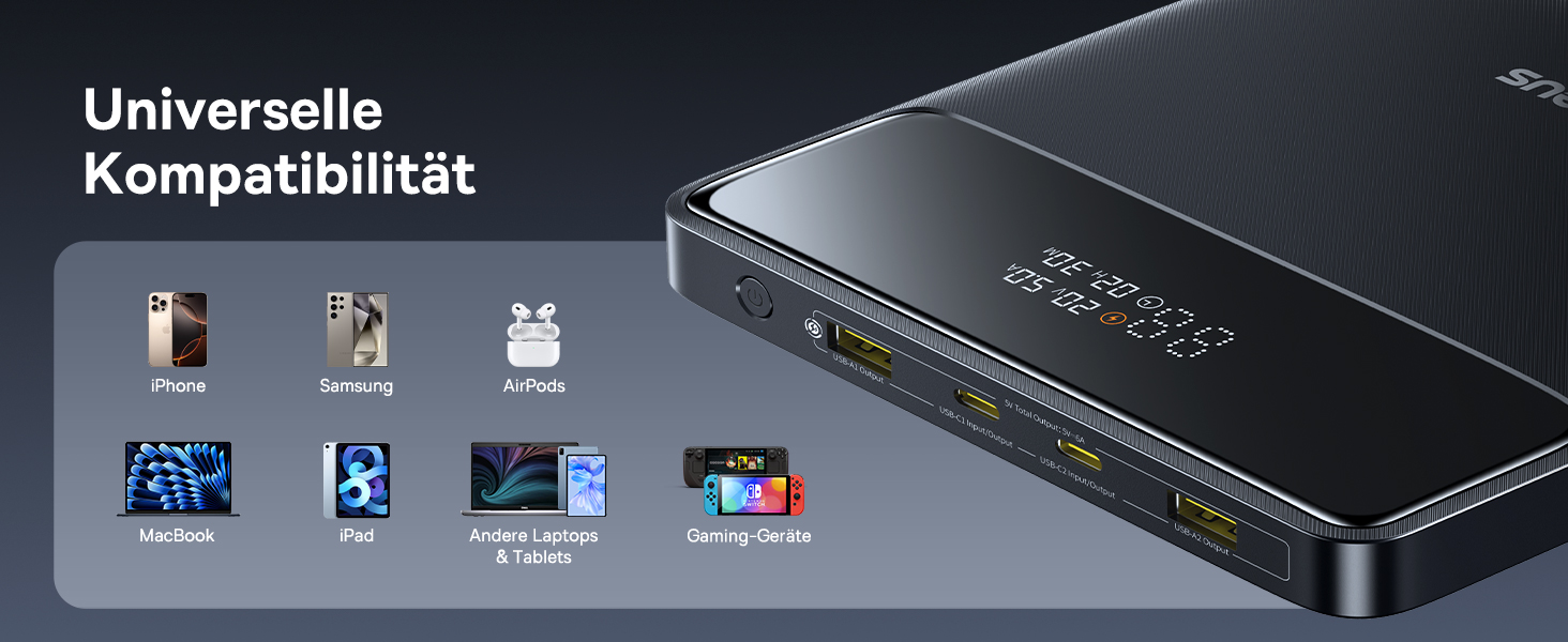 Power Bank Baseus 20000mAh 100W PD: Швидка зарядка для ноутбуків, MacBook, iPad, iPhone, Samsung та інших пристроїв (Чорний)