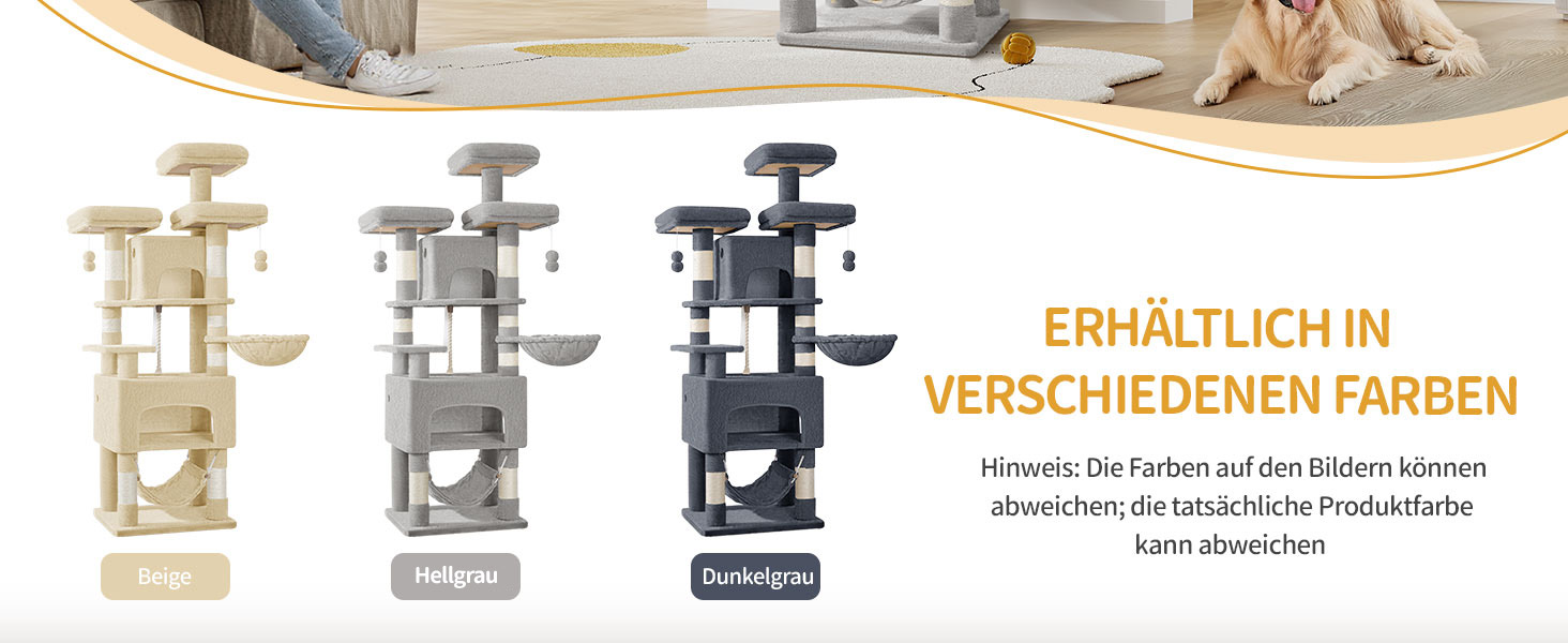 Кігтеточка для котів Hzuaneri, 176 см, XL, 3 платформи, 2 печери, 7 стовпчиків, гамак, плюшеві кульки, для багатокотових домівок, MS17618SG (Світло-сірий)