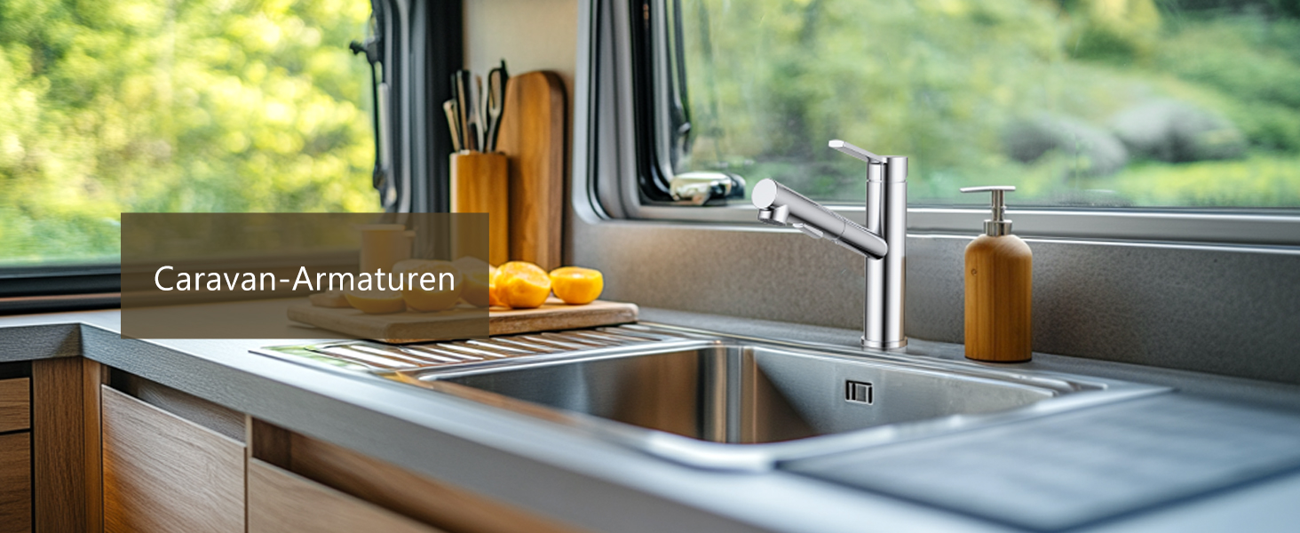 Змішувач кухонний DAYONE з висувною лійкою, нержавіюча сталь, 3 режими, 360° обертання, для кухонної мийки (15 см), матовий (хром, низький вигин-337)