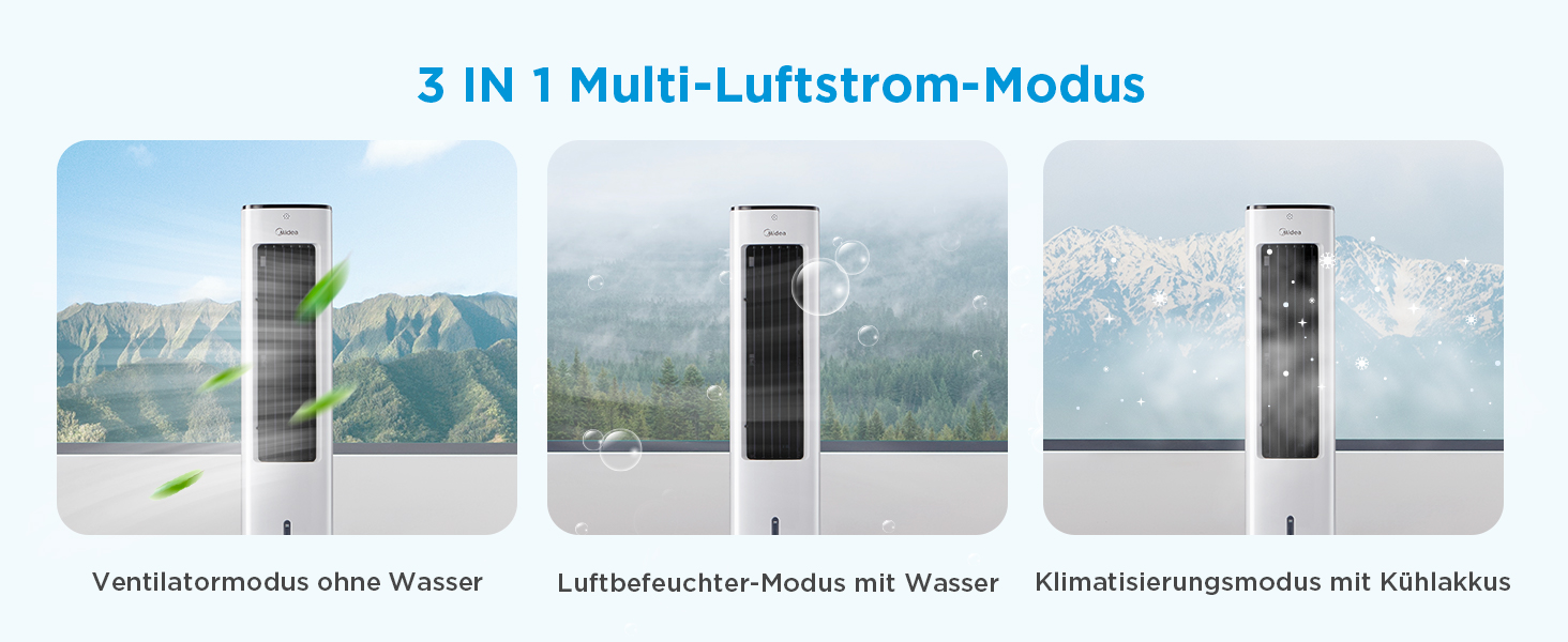 Midea 4-in-1 Portable Air Conditioner, Tower Fan with Water Cooling & Humidifier - Mobile Air Cooler with 5L Water Tank, 355m³/h Airflow, Ionizer, Remote Control (55W, White)