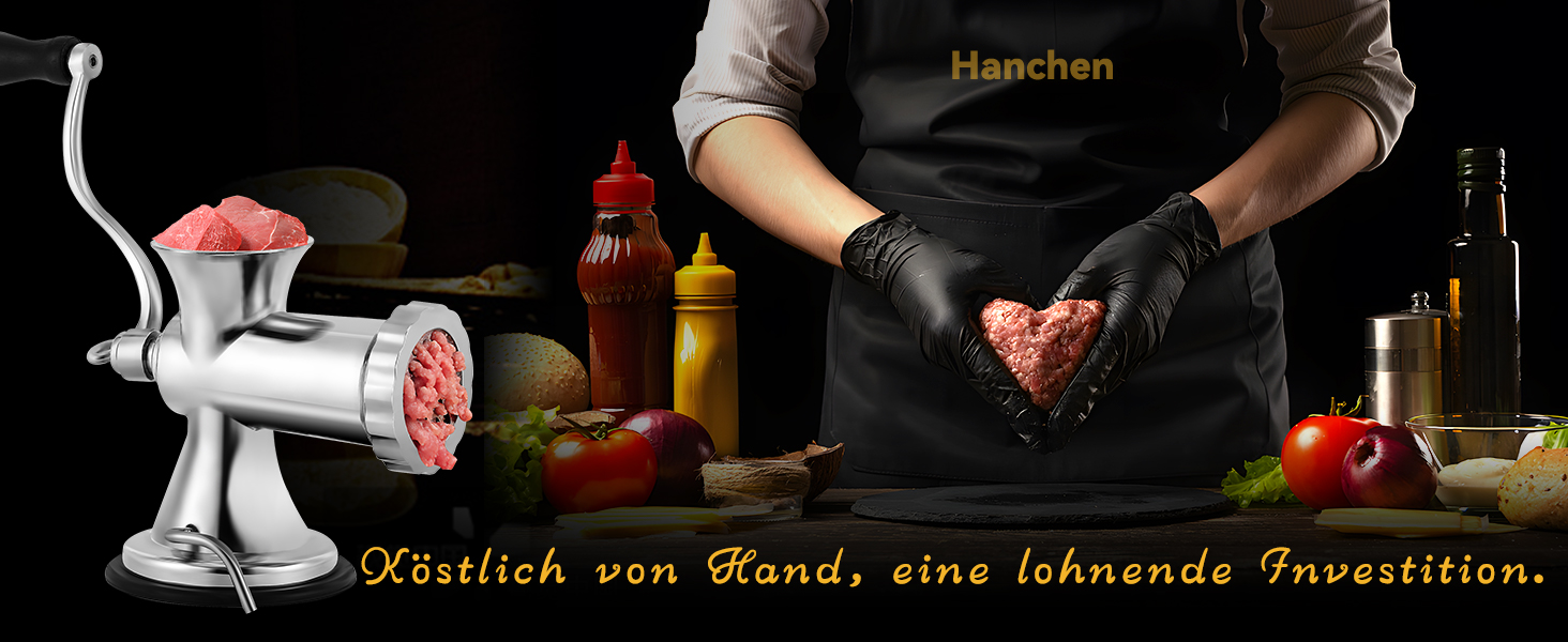 М'ясорубка ручна Hanchen з нержавіючої сталі з присоскою, насадка для ковбас, 2 диски, подрібнювач овочів - професійна