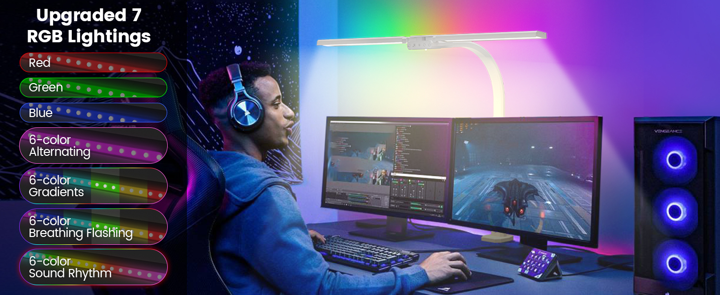 SIBRILLE Dual-Head LED Desk Lamp - Adjustable, Dimmable, Eye Protection, RGB - for Office, Home, and PC Use