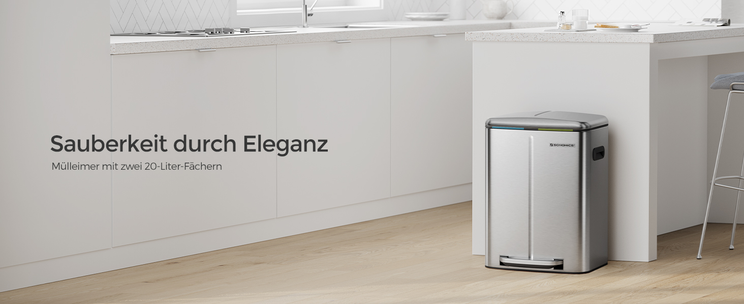 SONGMICS Відро для сміття 40 л з 2 відсіками (2 x 20 л), металевий третемер з пластиковим внутрішнім відром, Softclose, герметичний, білий LTB40WT (срібний)