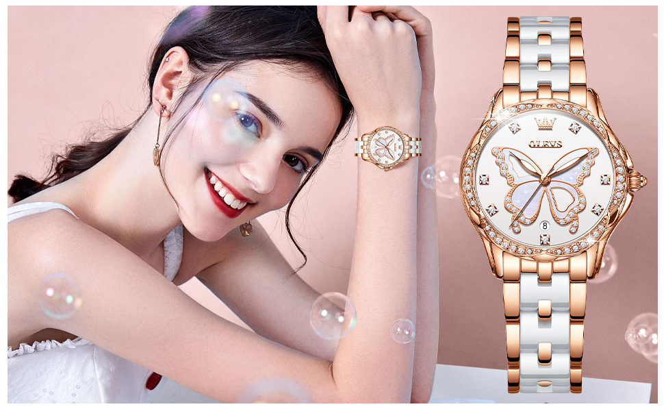 Годинник жіночий OLEVS з діамантами, елегантний, рожеве золото, керамічне скло, блакитний циферблат