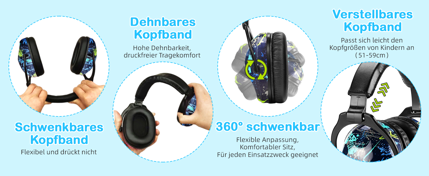 Навушники для захисту від шуму ZOHAN 030 для дітей 3-18 років, блакитні, з графіті