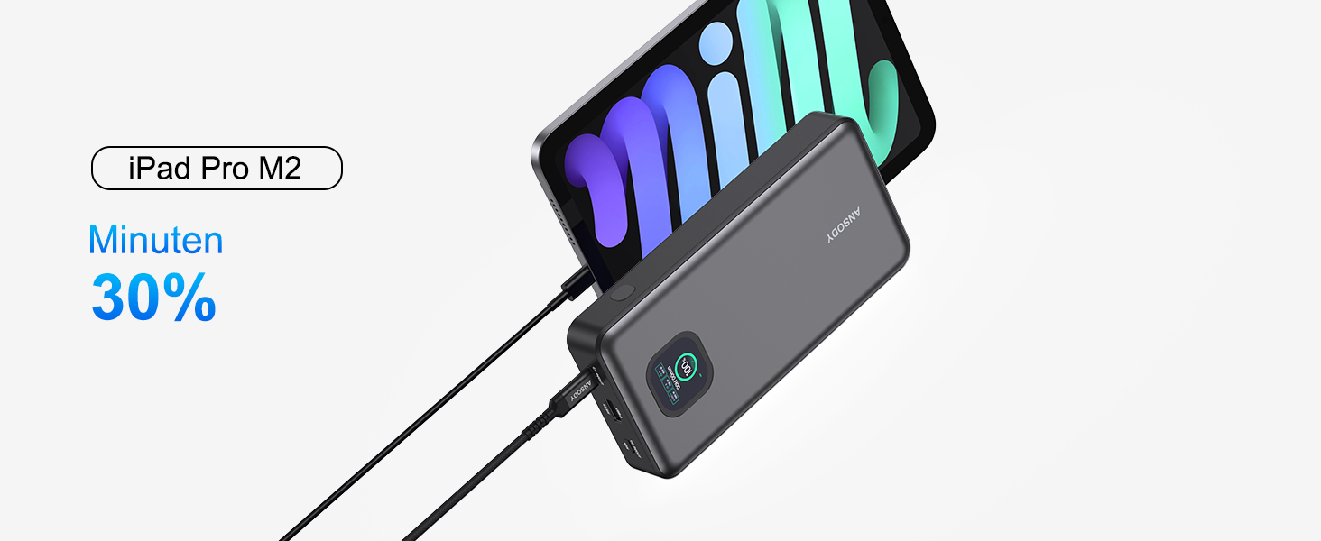 Power Bank 140W, 25000mAh з дисплеєм для ноутбука, MacBook, iPad, iPhone, Switch, Dell XPS (Сірий)