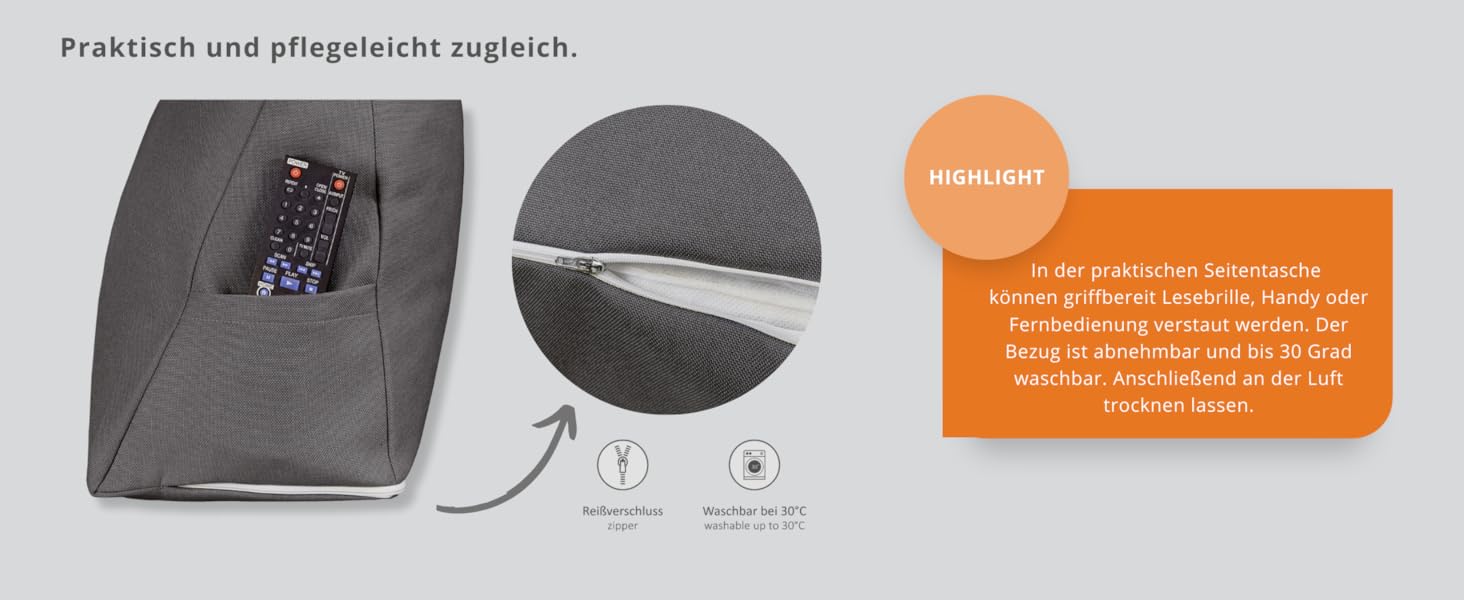 Підголовник для спини Sleepling з тканини Cord, трикутна подушка для ліжка та дивана, підтримка попереку, подушка для читання, пляжний килимок, знімний та пральний чохол, бічне кишеню, 70 x 40 x 20 см, темно-сірий