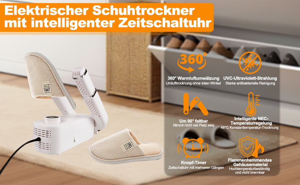 Електричний сушильник для взуття Vauki з УФ-стерилізацією, 360° циркуляцією повітря, таймером 90 хв, складний та компактний для дому та подорожей