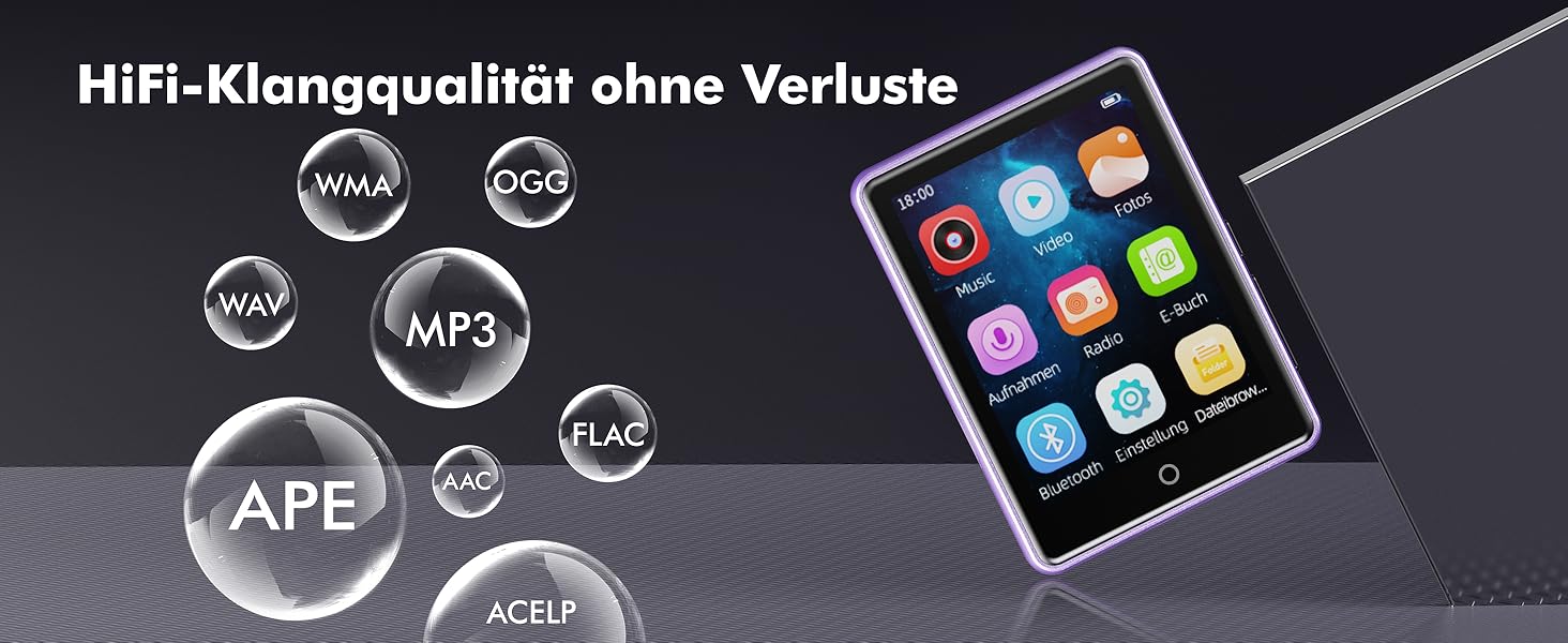 MP3 плеєр дитячий 64GB Bluetooth 5.3 з радіо, радіоприймач, MP4 плеєр, дитячий музичний плеєр з touch screen, розширюється до 128GB, фіолетовий