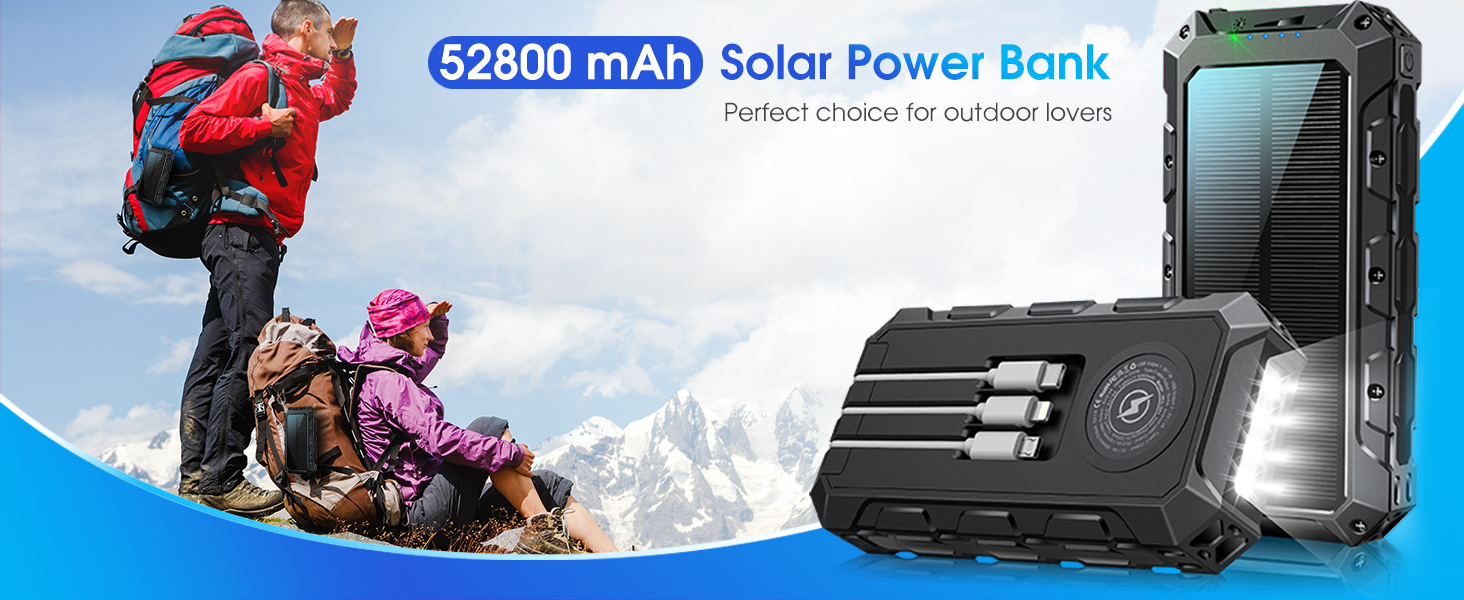 Портативний акумулятор 52800mAh з сонячною панеллю, 30W, з LED-ліхтариком та 7 виходами, чорний