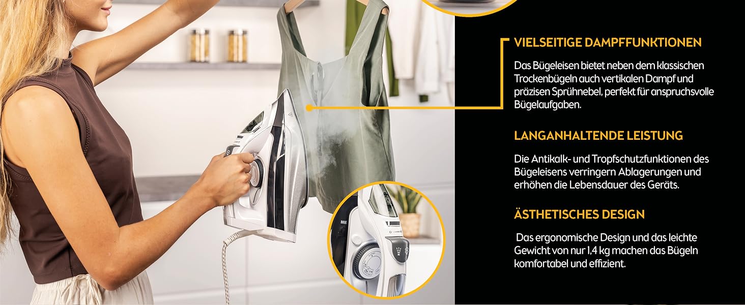 Парове прасування TZS First Austria I 3100W з керамічною підошвою, самоочищенням, вертикальним прасуванням, захистом від накипу, сухим прасуванням, резервуар 0,45л, 1,4 кг, сірий/білий