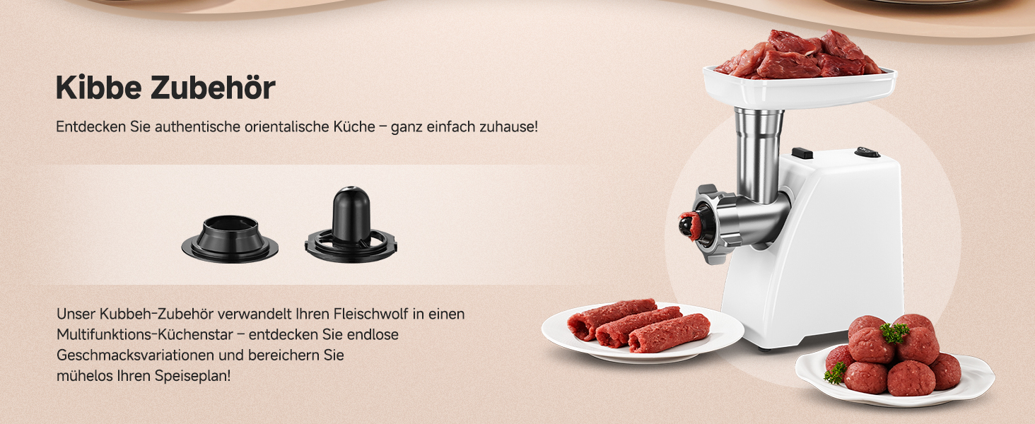 М'ясорубка електрична AMZCHEF для дому з 3 насадками, пристроєм для ковбас та набором для куббе | Ідеально для фаршу, ковбасок та домашньої кухні (біла)