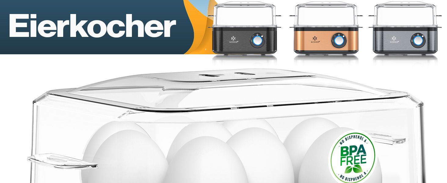 Електричний яйцеварка KESSER® на 1-8 яєць з нержавіючої сталі, 500W, з функцією підігріву, LED-регулятор, 3 ступені нагріву, BPA-Free, придатний для миття в посудомийній машині, мірний стакан, тримачі для яєць та форма для омлету, колір: антрацит