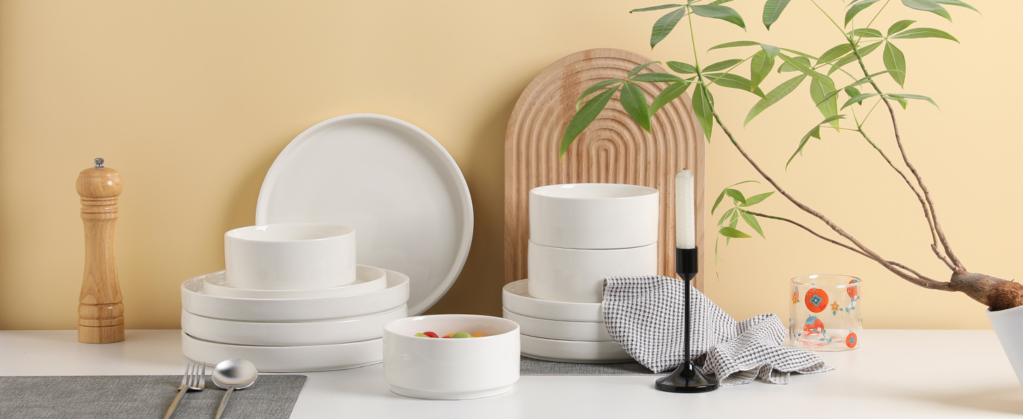 Набір посуду Sweejar Home з кераміки для 4 осіб (12 предметів): порцелянові тарілки та миски, богемський стиль, простий набір для обіду, придатний для миття в посудомийній машині та використання в мікрохвильовій печі
