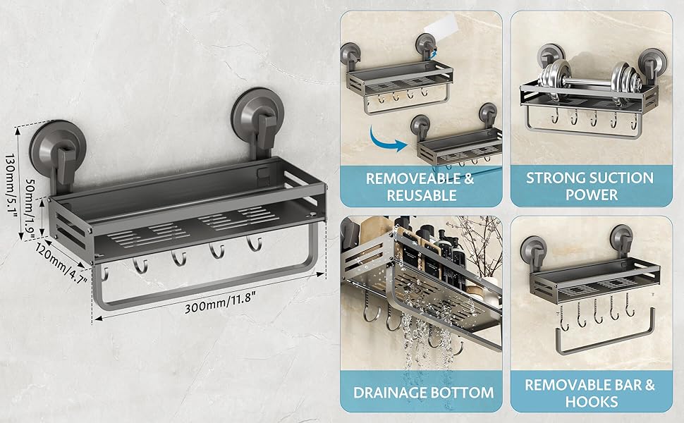 Поличка для душу Onemake з присосками, регульована, з гачками, органайзер для ванної кімнати з тримачем для рушників, матовий чорний (40 см, 1 шт.)