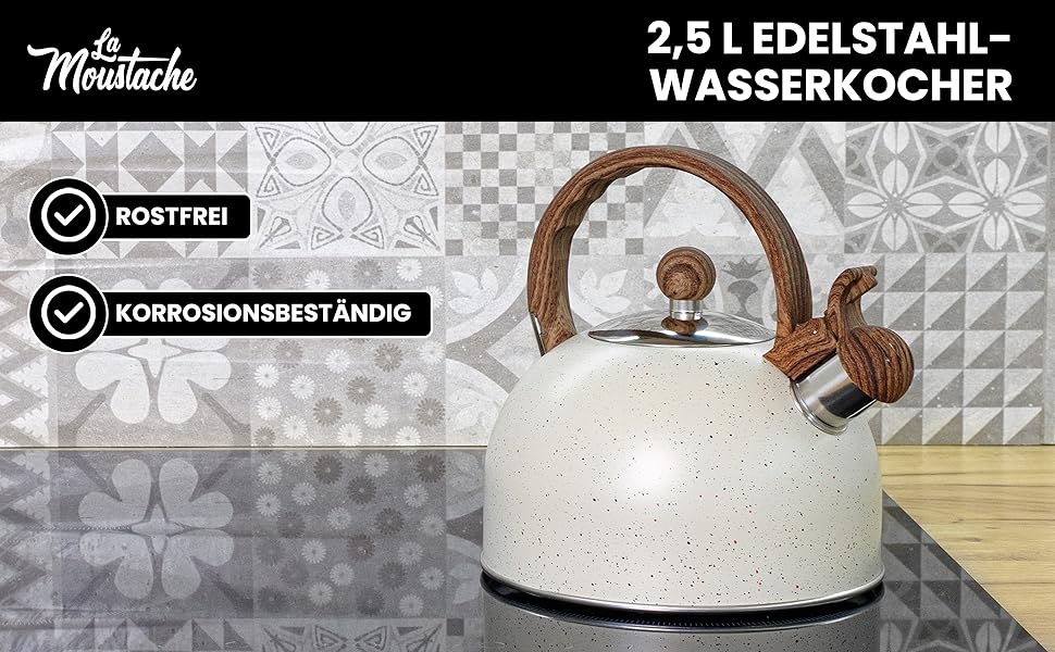 Чайник La Moustache Induktion: 2,5 л, 10 чашок, з нержавіючої сталі, з термостійким ручками та кришкою, для всіх плит (Бежевий)