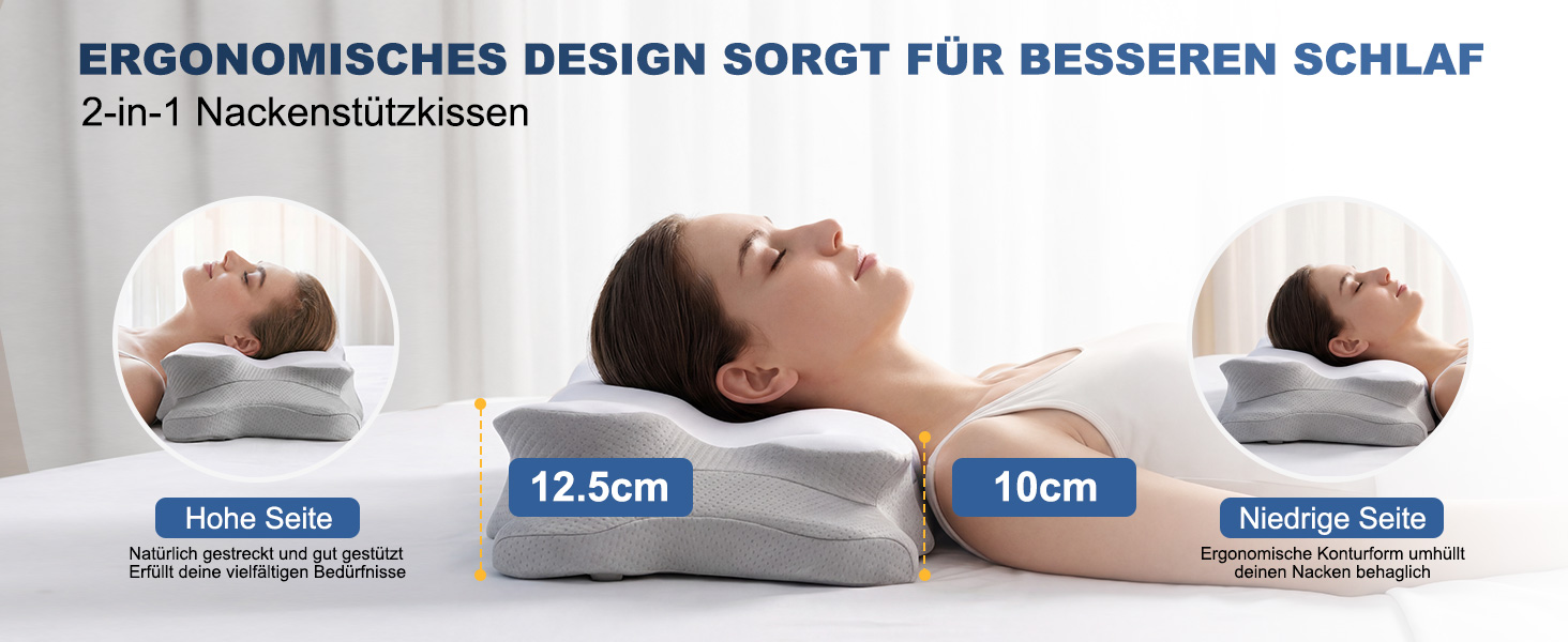 Подушка для шиї VYLEE з піни Memory Foam: ортопедична для сну на спині, боку та животі, від болю в шиї та плечах (Сіра)