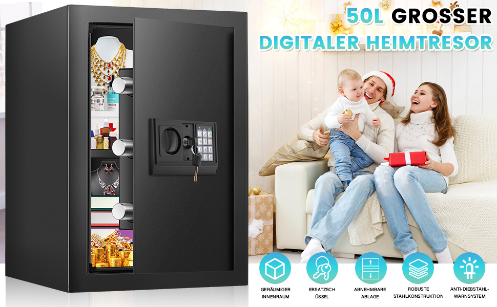 Великий сейф 50л для дому: вогнестійкий, водонепроникний, з ключем та кодовим замком. Сейф для ювелірних виробів, документів, грошей. Вбудована сигналізація, настінний сейф.