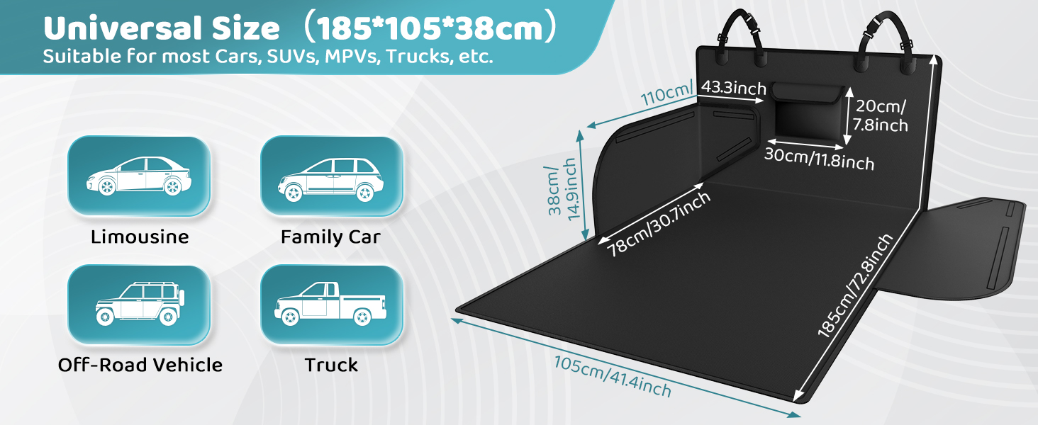 Захист для багажника автомобіля KYG: водонепроникний килимок для собак з боковими захистами, 185x105x38 см, чорний