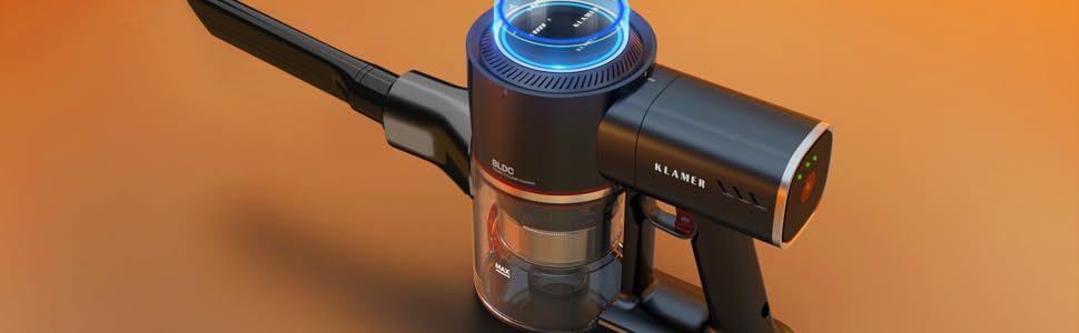 Акумуляторний пилосос KLAMER 2-в-1: вертикальний та ручний, час роботи до 45 хв, HEPA-фільтр для килима, авто та твердих поверхонь, сірий/помаранчевий, 2 акумулятори (по 45 хв)