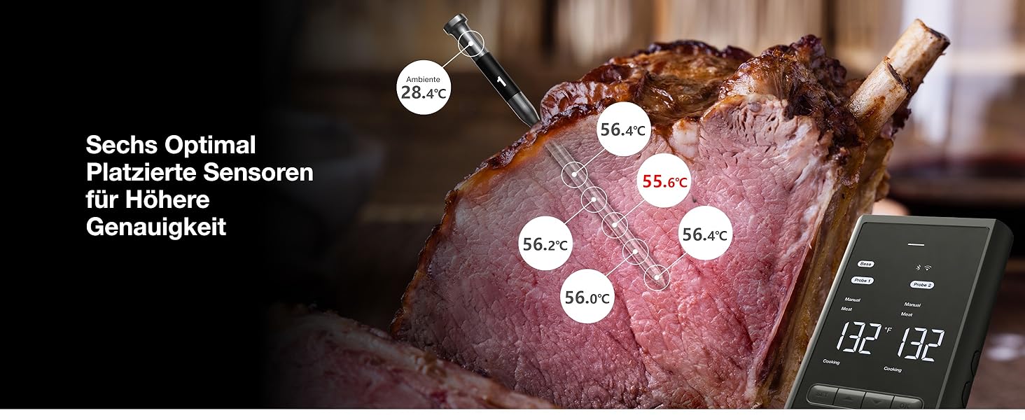 ThermoMaven P2 Розумний термометр для м'яса Бездротовий – Bluetooth 5.3, 2 зонди, 6 сенсорів, необмежений моніторинг через Wi-Fi, IPX8 водонепроникний, для гриля, духовки, кухні, фритюрниці