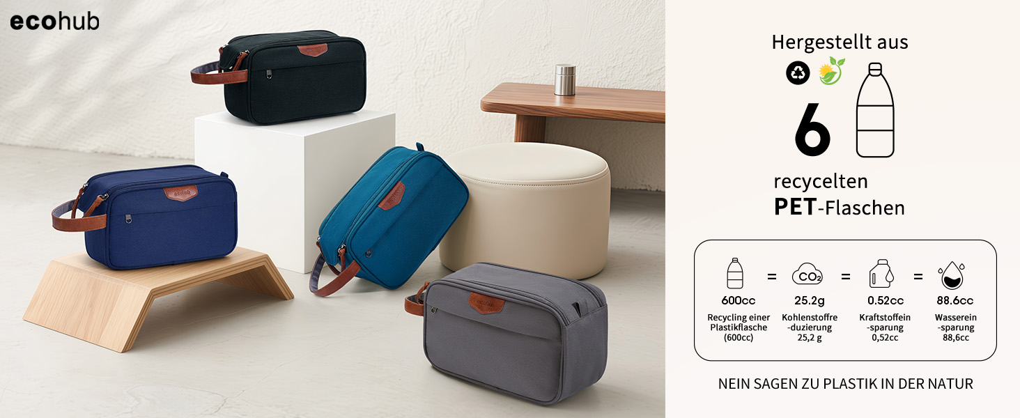 Чоловіча дорожня косметичка ECOHUB, водонепроникна, з великим відділенням та відділенням для мокрого одягу, з переробленого PET, з двома блискавками, чорна