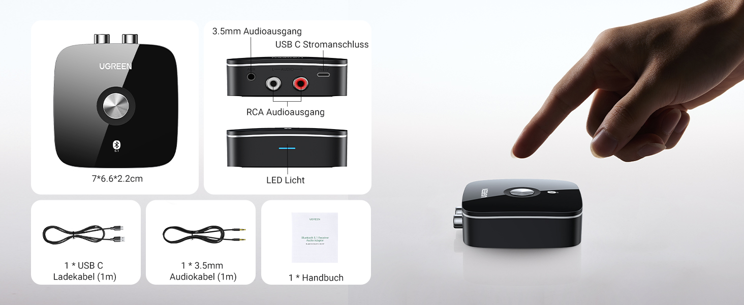 Адаптер Bluetooth 5.3 UGREEN AUX з 3.5mm RCA роз'ємом: Bluetooth приймач для стереосистеми, Hi-Fi ресивера, автомобільного радіо, домашніх колонок, підсилювача (aptX HD)