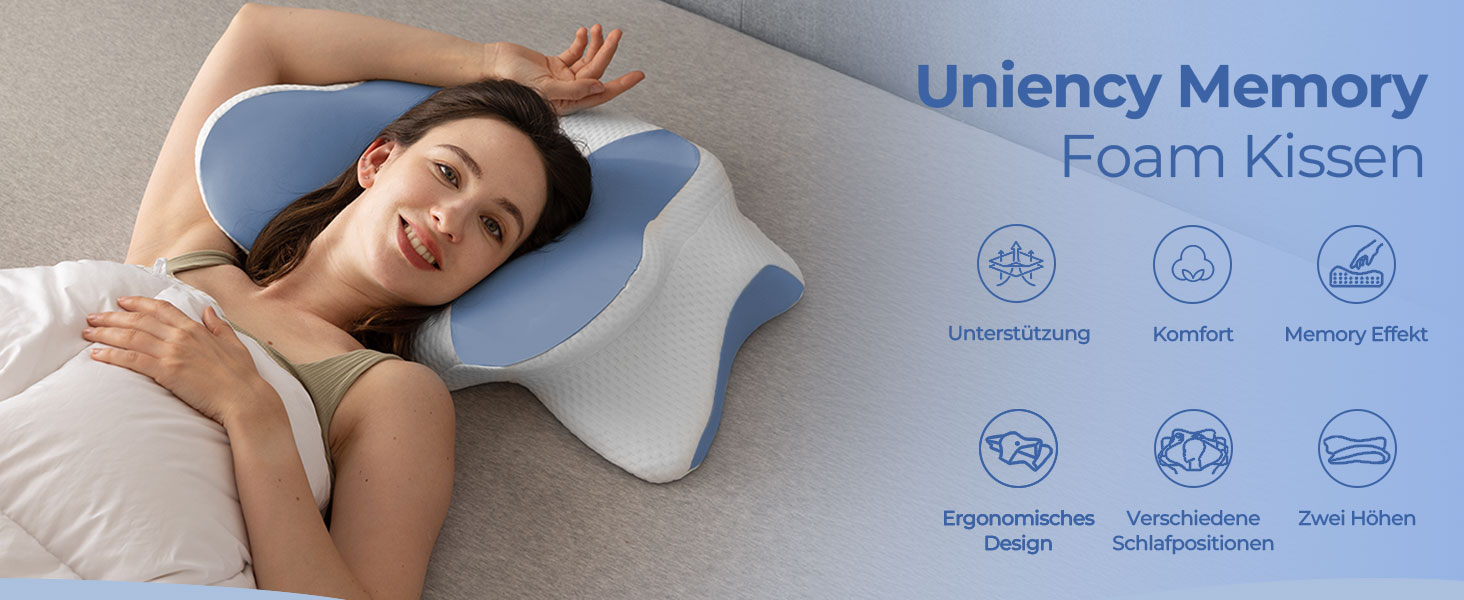 Ортопедична подушка Uniency для шиї з Memory Foam - для сну на боці, спині та животі, зняття болю в шиї та плечей (66 x 40 x 14 см, блакитна)