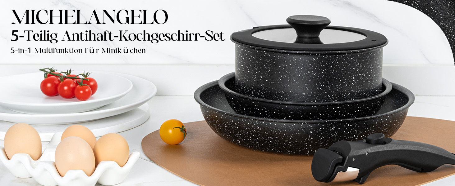 Набір сковорідок Michelangelo (20/24/28 см) з знімним ручками, індукційне дно, антипригарне покриття з мармуру, до 240°C, чорний (5-ти частинний)