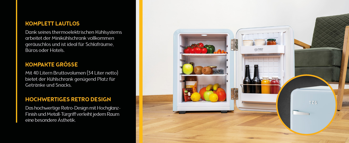 Холодильник мініатюрний TZS First Austria Retro 40L, блакитний. Безшумний, з підсвіткою та 2 полицями. Ідеально для кемпінгу, офісу, спальні, готелю.