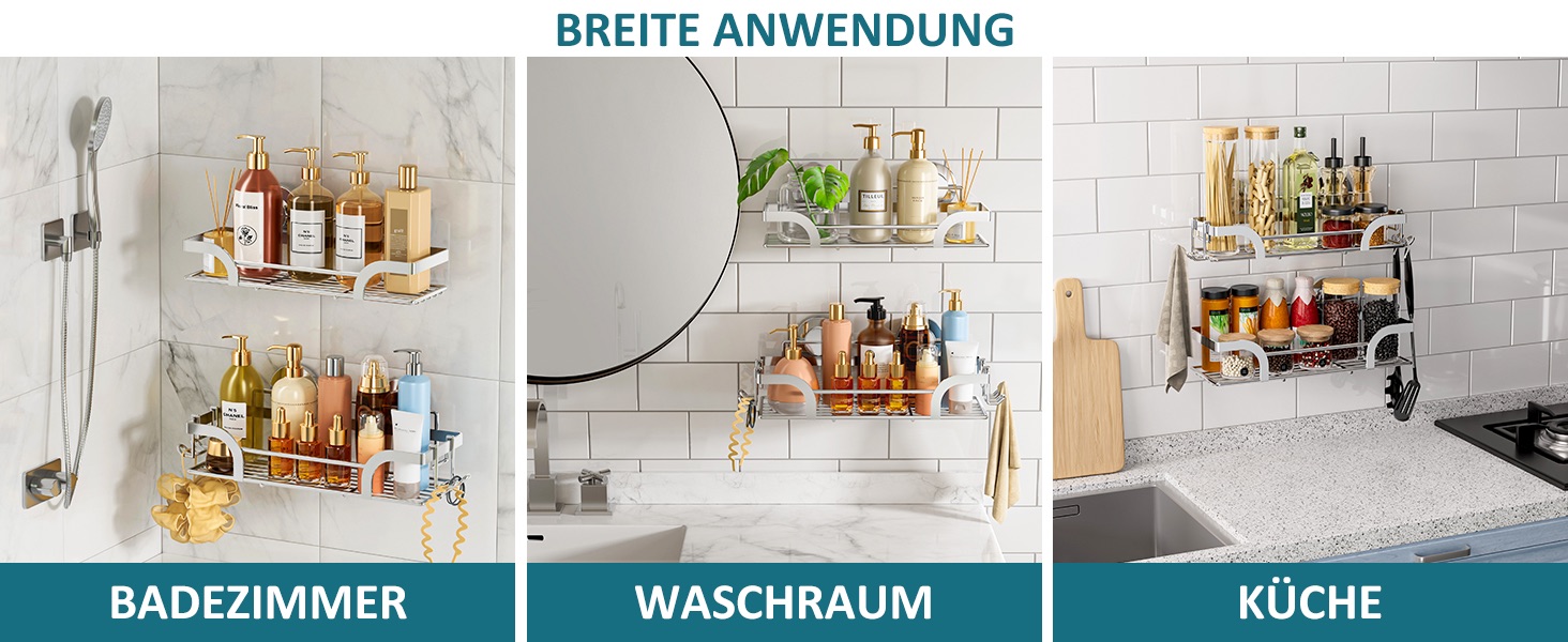 Поличка для душу TAILI без свердління, регульована, набір 2 шт. з гачками, нержавіюча сталь, чорний/срібний, органайзер для душу, кухні, ванної кімнати