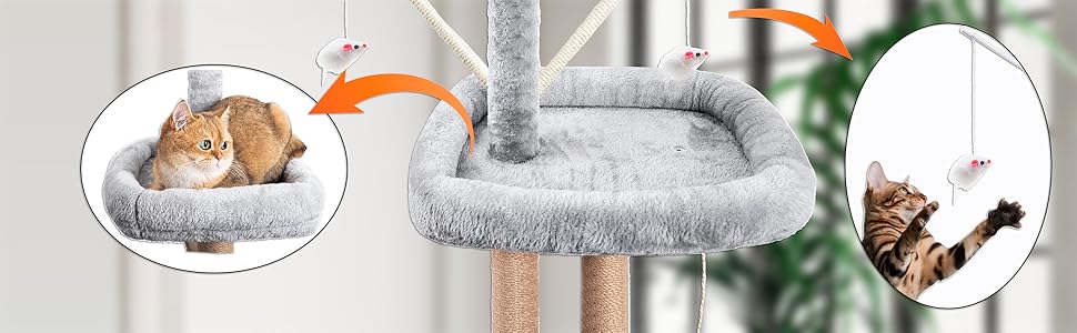 Кліматичний комплекс для котів Kratzbaum 145 см: кігтетопка, ігровий майданчик, ліжко, печера, платформи, сізалова колона, сірий колір