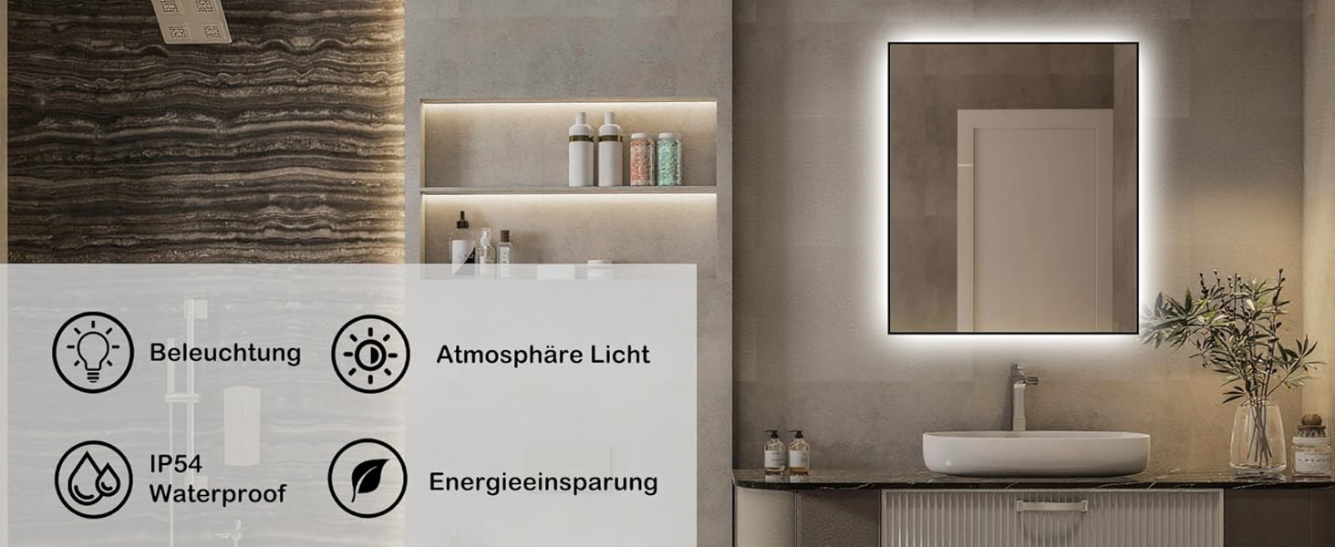 LED дзеркало для ванної кімнати 45x65 см з підсвічуванням, IP54, 6500K, прямокутне, енергозберігаюче, біле