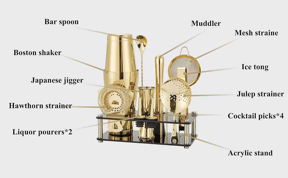 Набір шейкерів Boston - 16 предметів з нержавіючої сталі з акриловою основою, набір для приготування коктейлів (золотий)
