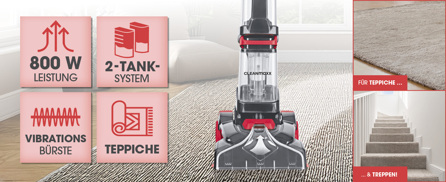 CLEANmaxx Аквастрім - 3 в 1: миття, чистка, всмоктування | Мийний пилосос з вібраційними щітками та боковими щітками | Для чистоти на практично будь-якому килимі
