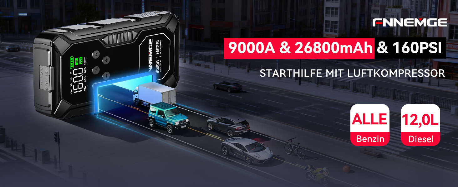 Пусковий пристрій FNNEMGE Powerbank 26800mAh 9000A з компресором 160PSI для авто 12В (бензин та дизель до 12.0л), бустер з USB-портом, LED-ліхтарем та LCD-дисплеєм