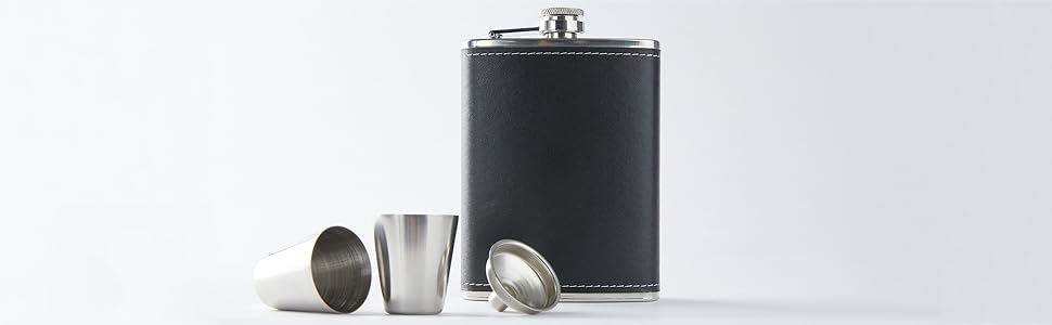 Термос-фляга з нержавіючої сталі 8oz / 240 мл, подарунковий набір з двома стаканами та воронкою, чорна шкіряна обкладинка, для алкоголю