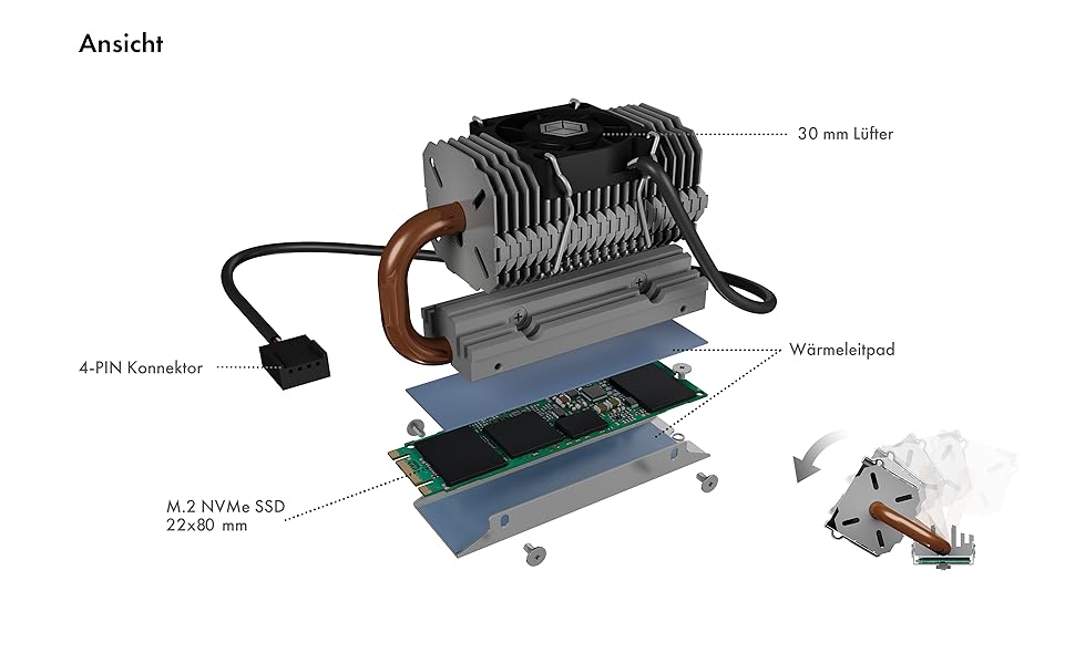 Охолоджувач для M.2 SSD ICY BOX з алюмінієвим радіатором та термопрокладками, без вентилятора, 10 мм, чорний