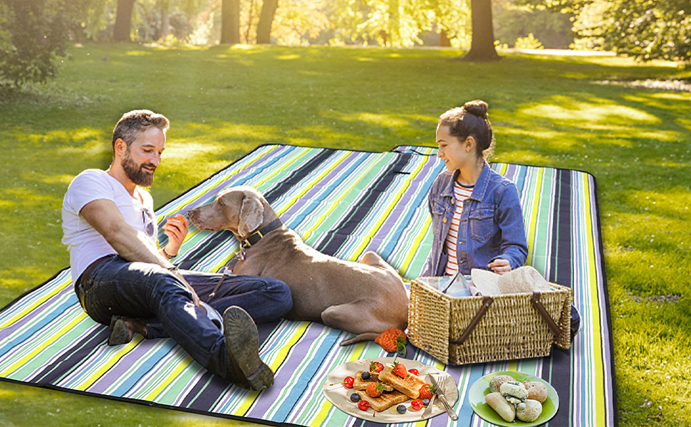 Плед для пікніка LIVEHITOP водонепроникний XXL 150x200 см, синій в смужку – для пляжу, кемпінгу, парку, барбекю