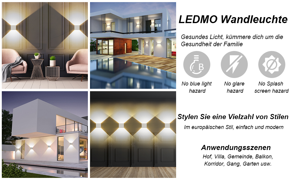 LED-стінні світильники LEDMO 4 шт. для внутрішнього та зовнішнього використання, регульований світловий потік, тепле біле світло, IP65, вологостійкі, чорні