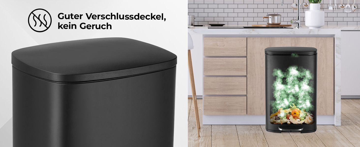 Відро для сміття LIFERUN 30л з кришкою, з м'яким закриттям, сталеве, з внутрішнім відром, для кухні, ванної кімнати, офісу, чорне